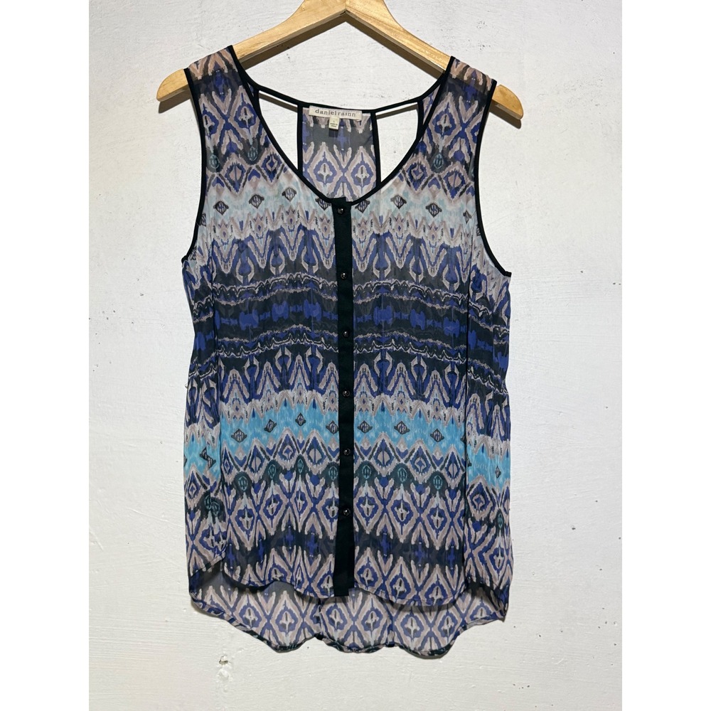 Daniel Rainn Womens Ikat Print Sleeveless Blouse L Blue Chiffon Boho Racerback